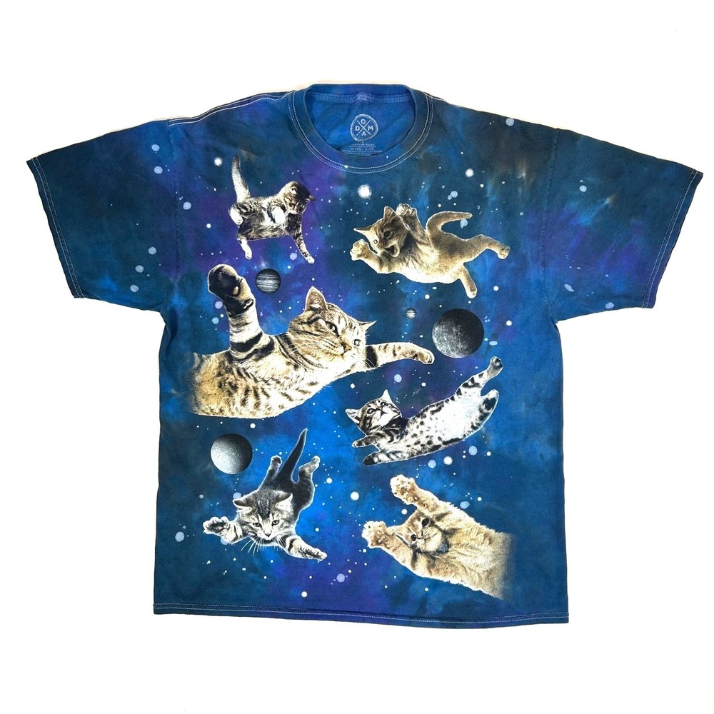 DOM Blue Galaxy Space Cats Graphic T-Shirt Mens Large Kittens Planets Tie Dye